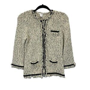 Lauren Hansen Women's Fringe Tweed Silk Cotton Blend Zip Cardigan Sweater Sz S